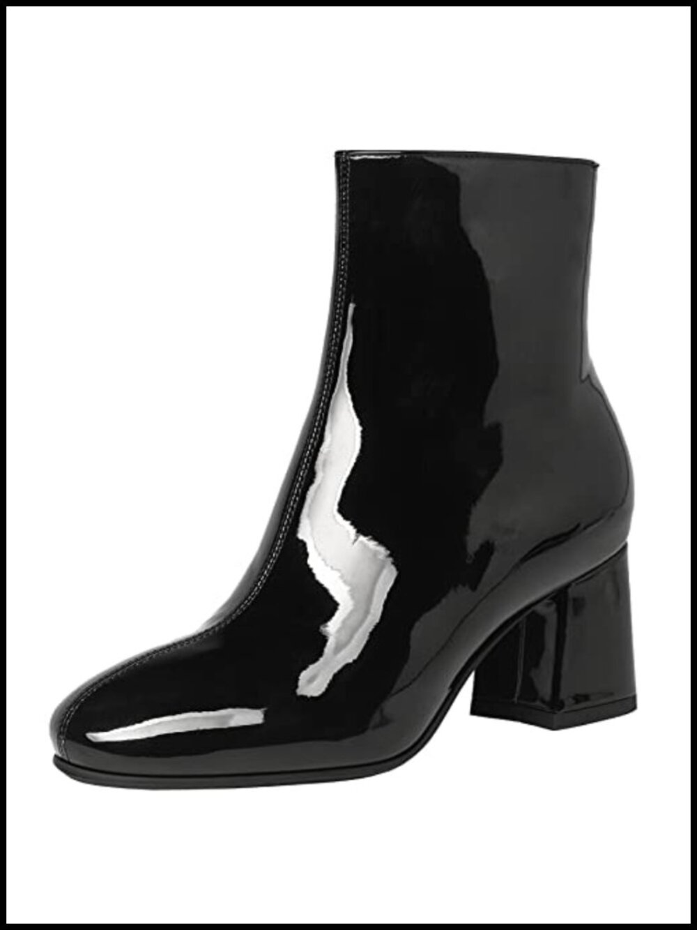 Chunky Heeled Booties Patent Leather Square Toe Ankle Boots Zip Up Block Heel